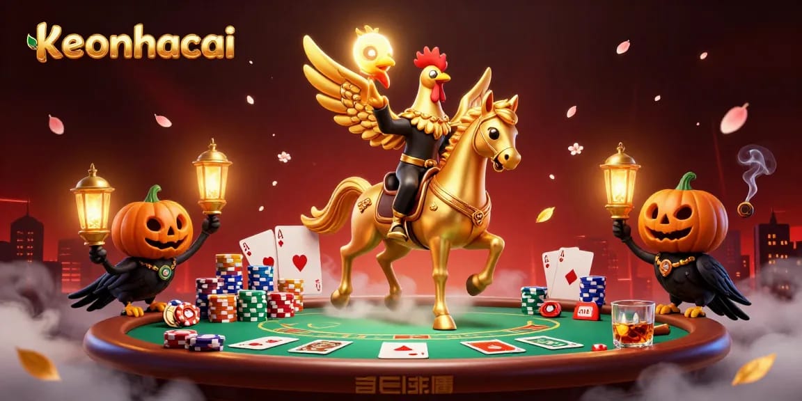 Engage with keonhacai in a vibrant casino scene featuring a golden rooster and poker elements.