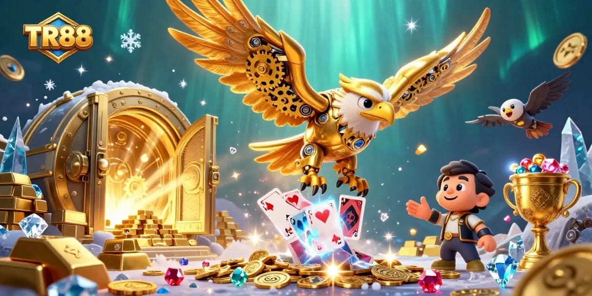 Experience TR88's vibrant gaming scene with a cybernetic eagle amidst dazzling casino elements.