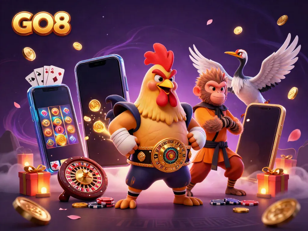 Engage with exciting casino action at GO8 featuring vibrant slots and dynamic characters.