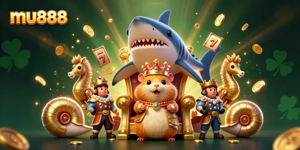 Engage with thrilling mu888 gaming adventures featuring a golden hamster king and vibrant slot machine elements.
