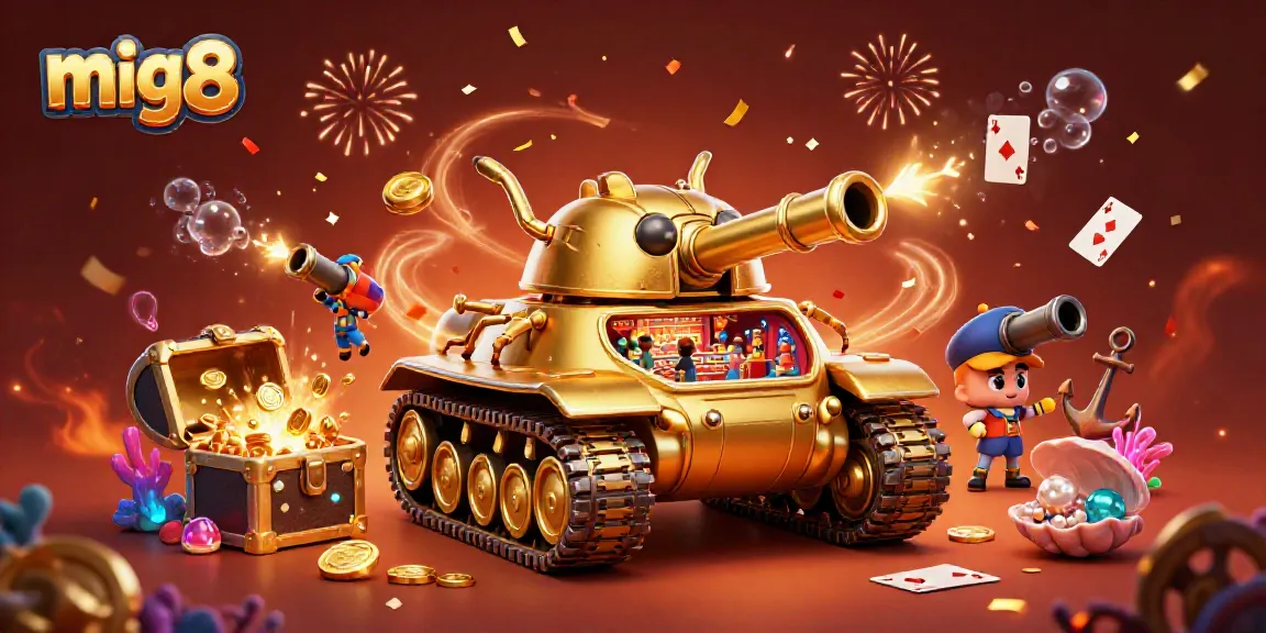 Experience the excitement of mig8 as a golden beetle tank reveals a miniature casino, shooting confetti and coins!