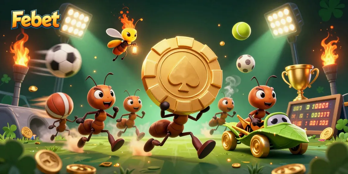 Febet showcases a thrilling casino heist with cartoon ants, sports elements, and vibrant colors.