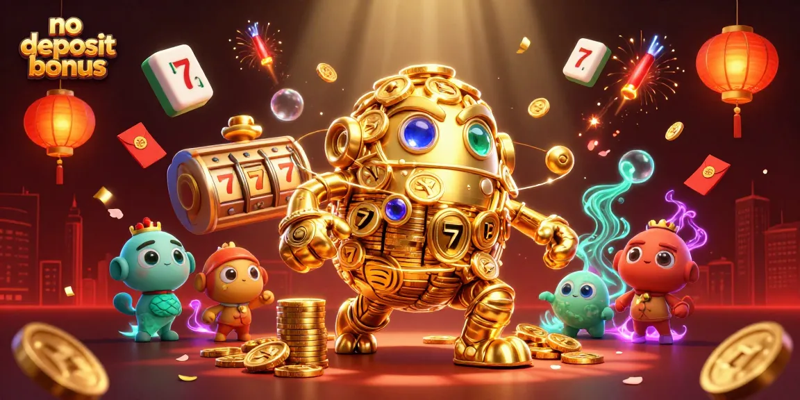 No deposit bonus illustrated with a golden golem and slot machine themes in a vibrant casino scene.