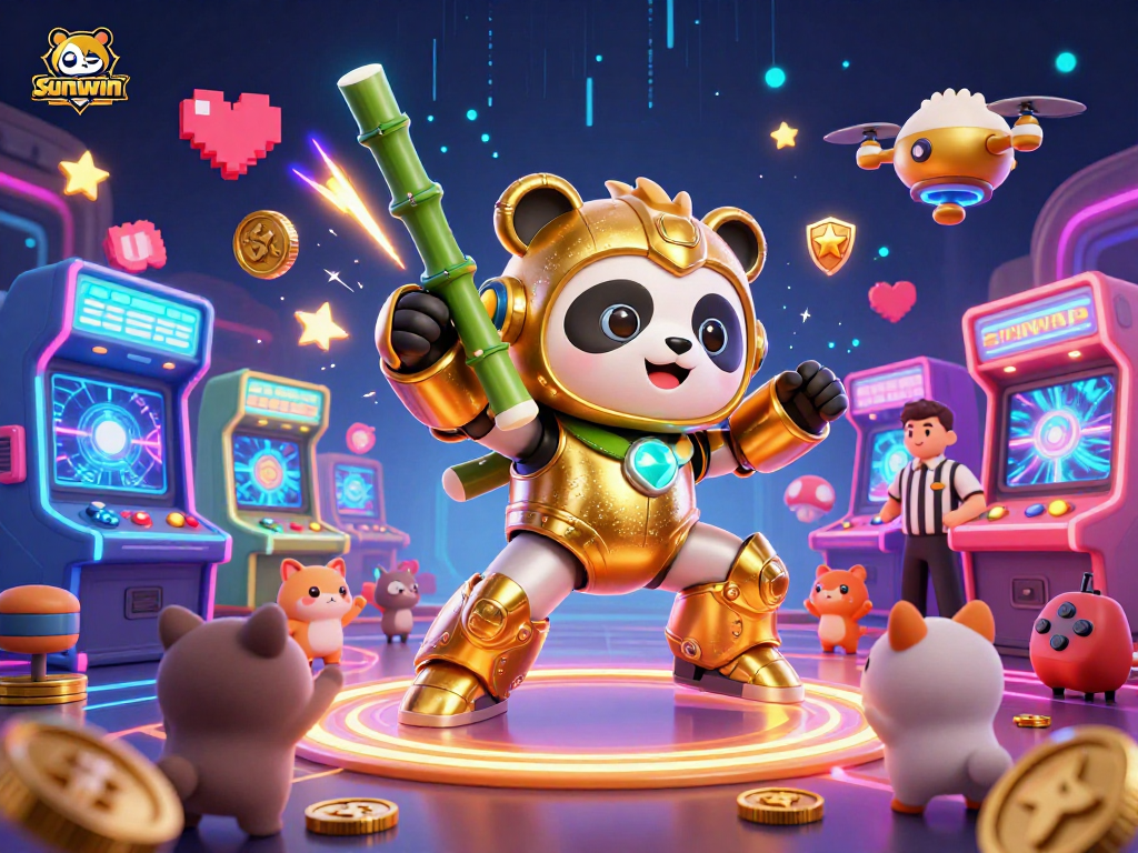 Engage with the sunwin casino experience in a dynamic 3D cartoon arena, featuring a mech-suit panda and vibrant game elements.