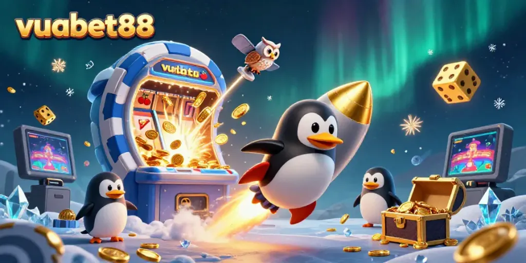 Experience thrilling gaming at vuabet88 with a golden penguin in a cosmic casino adventure.