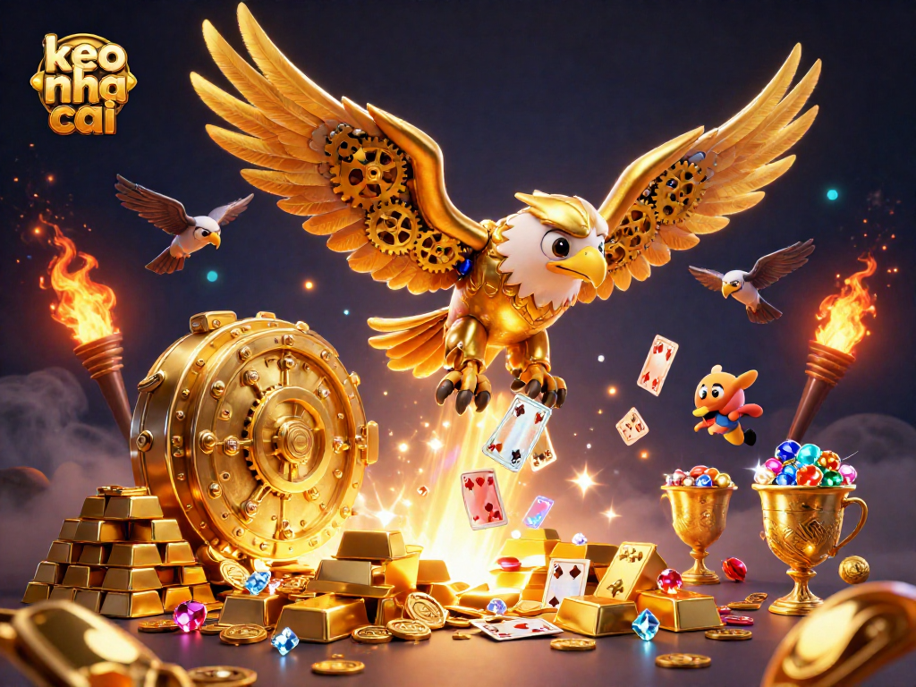 Experience keo nha cai with a dynamic 3D illustration showcasing a golden eagle and treasures.