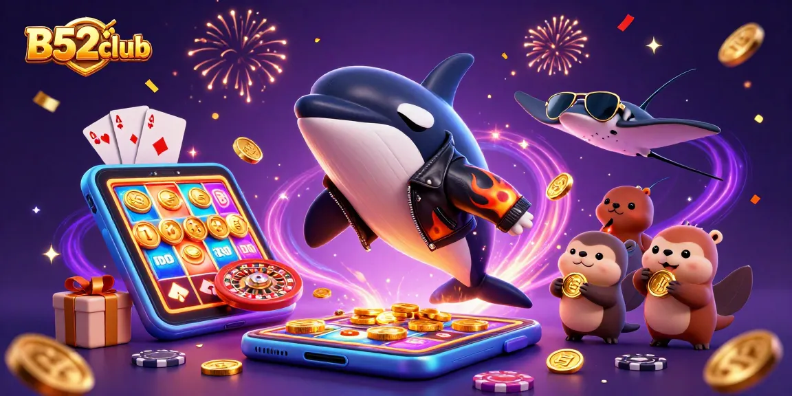 B52club features an engaging 3D scene with a jumping orca and golden coins, inviting gamblers to win big.