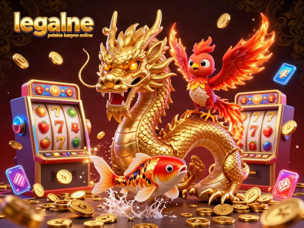 Experience the thrill of legalne polskie kasyno online with a dynamic illustration of a dragon, phoenix, and koi fish.