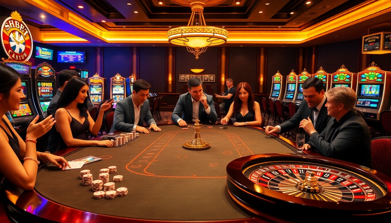Experience the thrill of SHBET gaming with excited players at an elegant casino table.