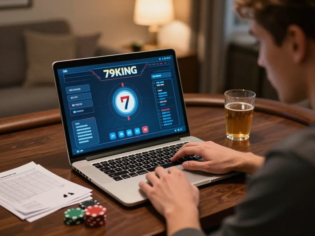 Engaged player utilizing 79KING app on laptop for strategic online poker gameplay in cozy home setting.