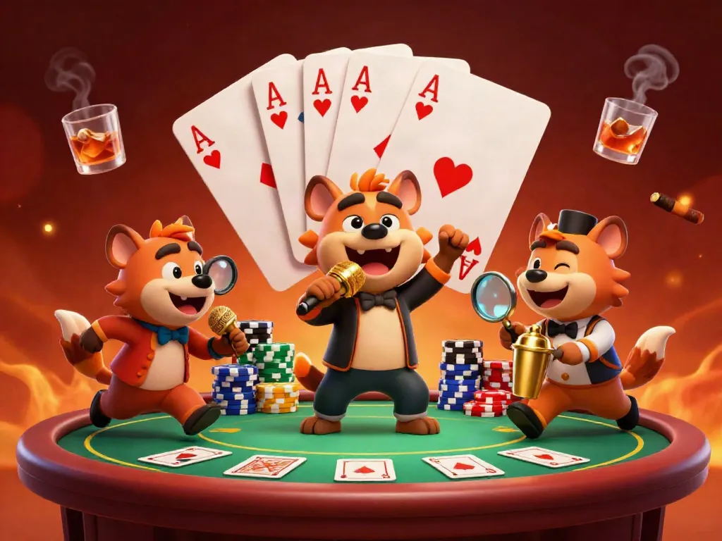 Hyenas at a comedy casino club with poker games and vibrant elements showcasing gavang.