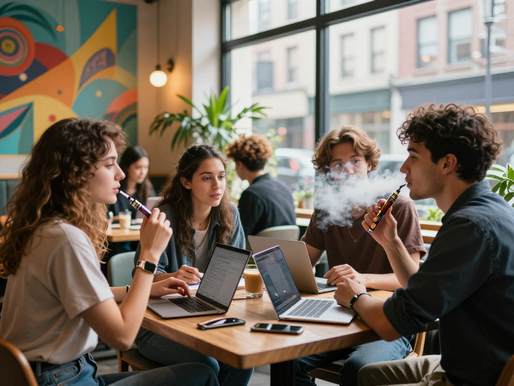 Enjoying rokok88 in a vibrant urban cafe atmosphere with friends, capturing lifestyle and social interaction.