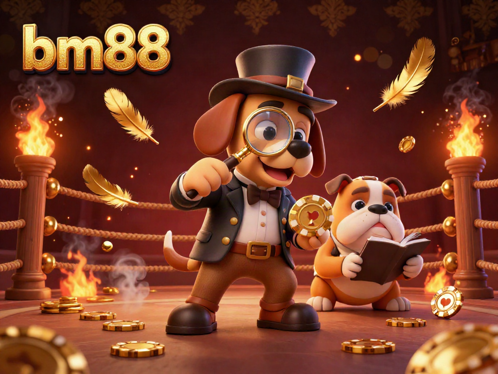 Engage with bm88 as a detective investigates a poker chip, amidst vibrant casino elements.
