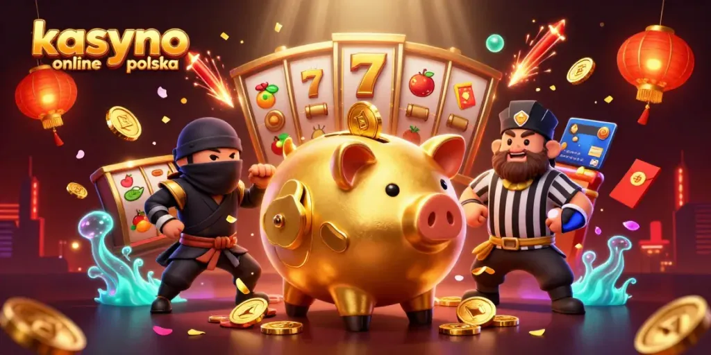 A vibrant scene from kasyno online polska, featuring a sumo wrestler piggy bank and ninja characters among slot reels and golden coins.