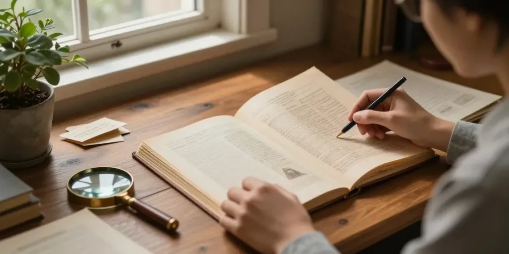 Osoba analizująca dokumenty kolekcjonerskie w przytulnym studiu z ciepłym światłem.