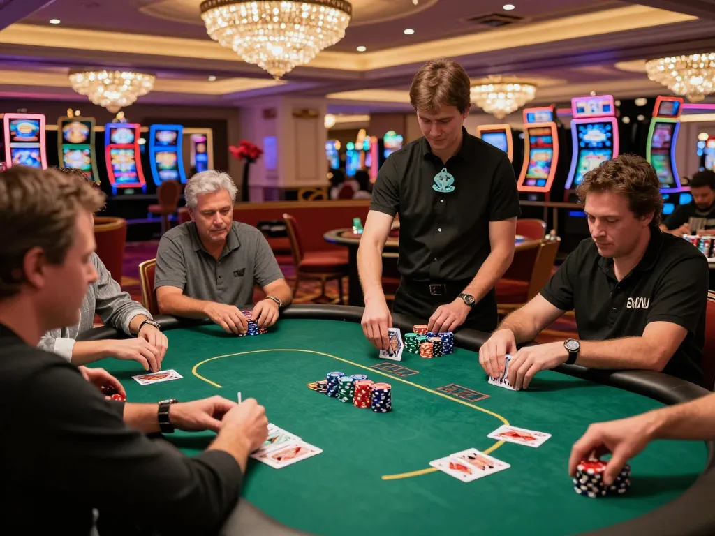 TG88 poker game in a luxurious Las Vegas casino featuring players strategizing around a professional table.