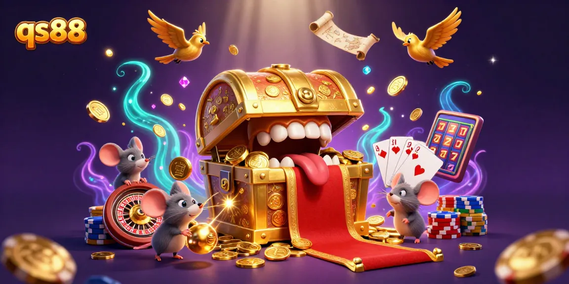 Experience thrilling gameplay at qs88 with a vibrant treasure chest and cascading coins in a captivating casino scene.