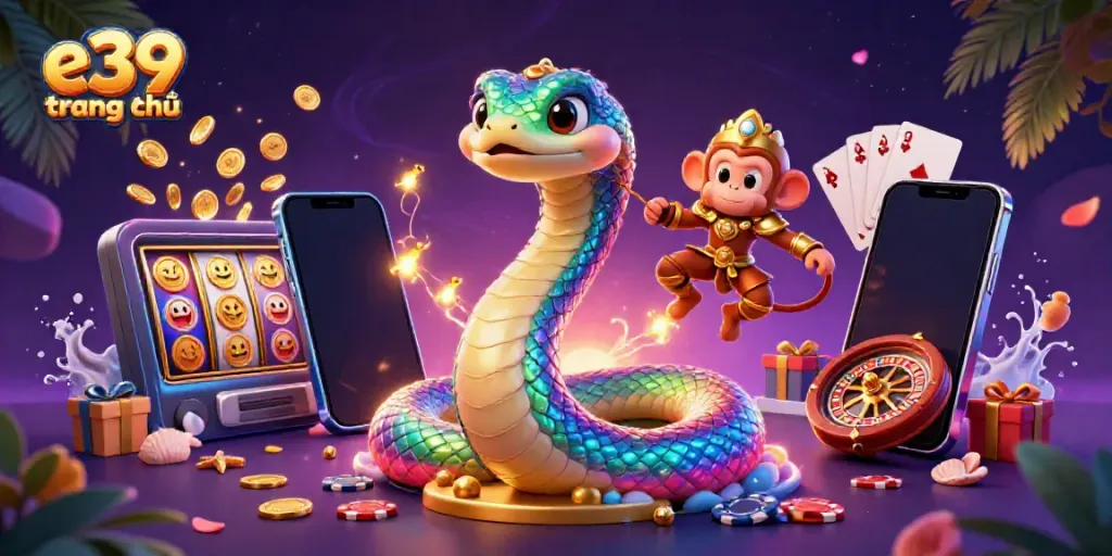Experience e39 trang chủ with a vibrant 3D illustration of gaming excitement, featuring a serpent and a monkey king.
