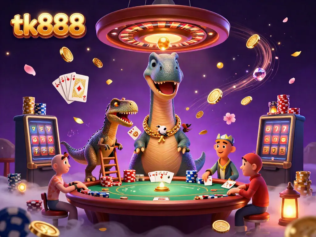 Experience thrilling gameplay at tk888 with a dynamic 3D casino illustration showcasing vibrant characters and game elements.