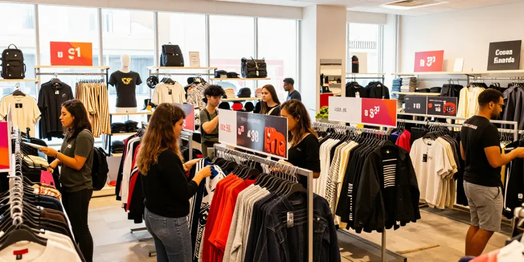 A lively outlet odzież hurt store filled with fashionable clothing and shoppers.
