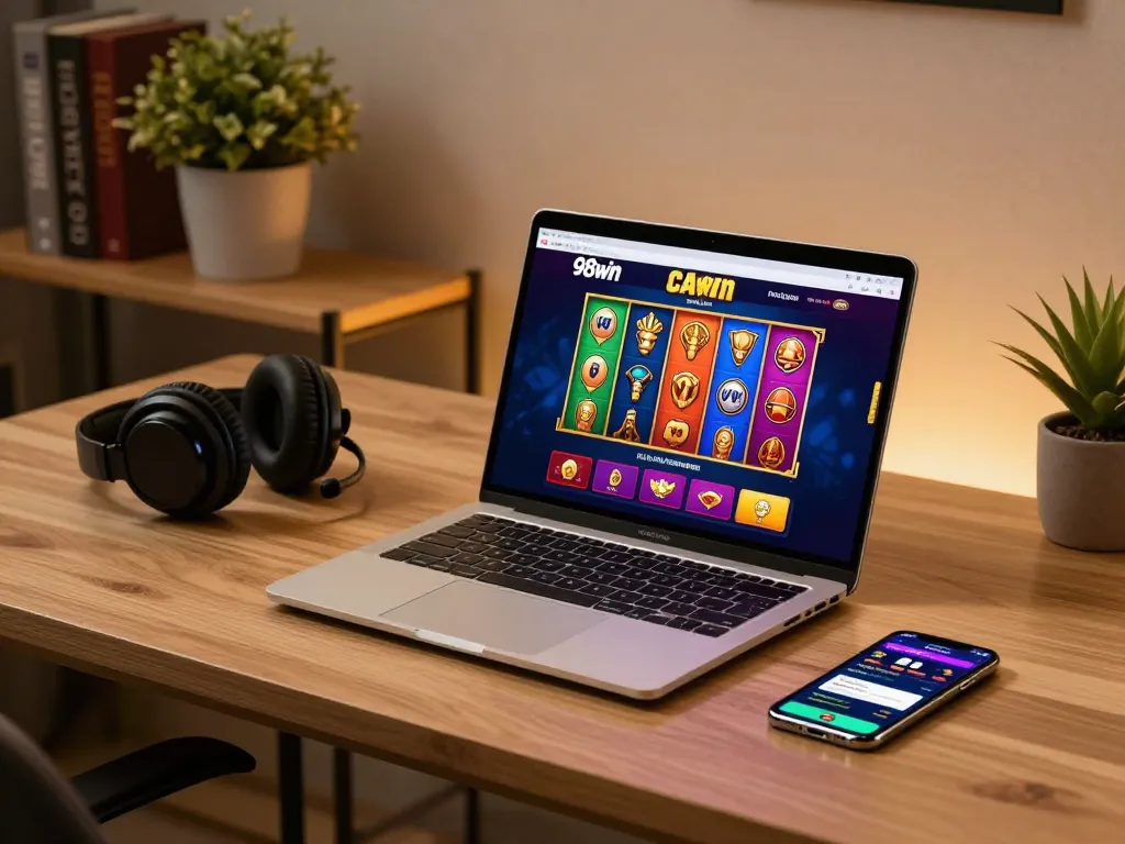 Engaging online gaming session featuring 98win vin interface on laptop amidst strategic gaming environment.
