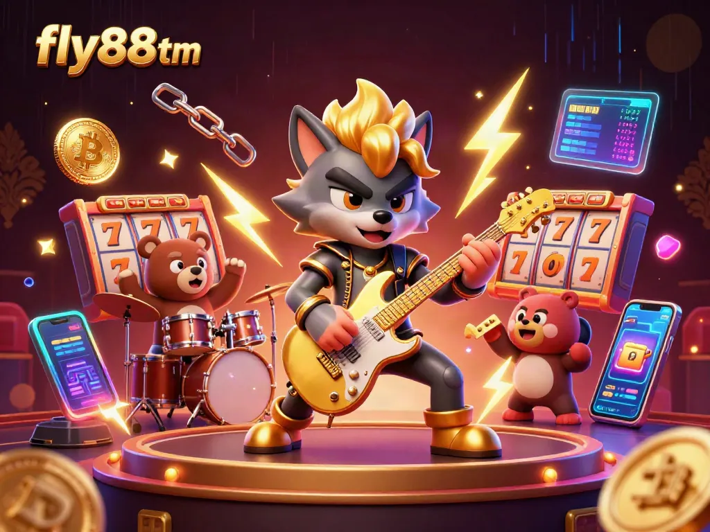 Engage with fly88tm's vibrant gaming universe featuring a lively casino stage and 3D charismatic characters.