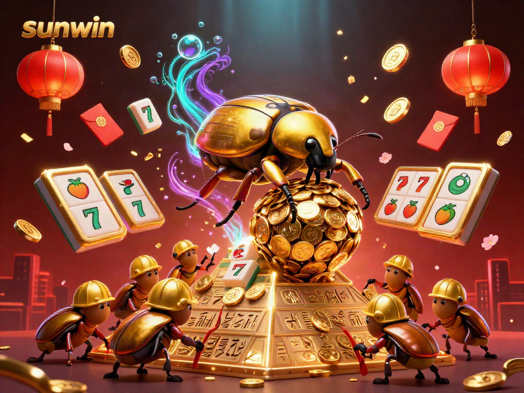Engage with sunwin's vibrant gaming world through a bustling scene of golden beetles and slot machines.