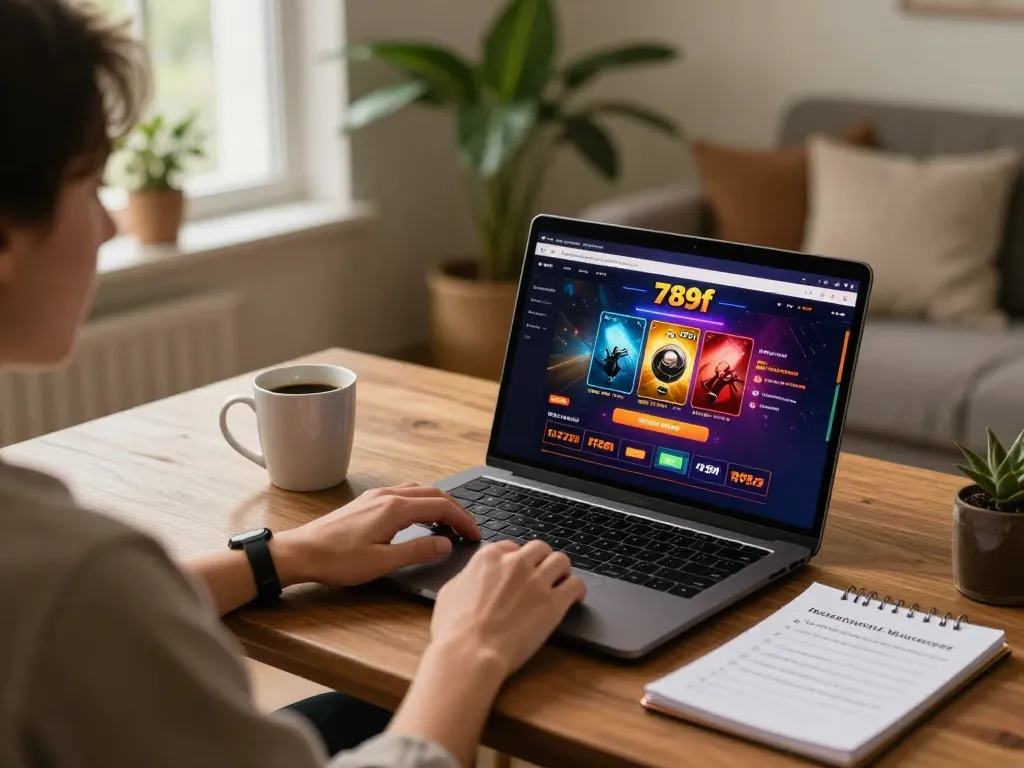 Engaging in online casino gaming on 789f with a laptop and strategic notes.