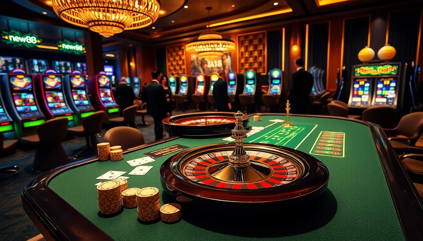 Experience the thrill of new88's vibrant casino atmosphere with stylish players at the table.