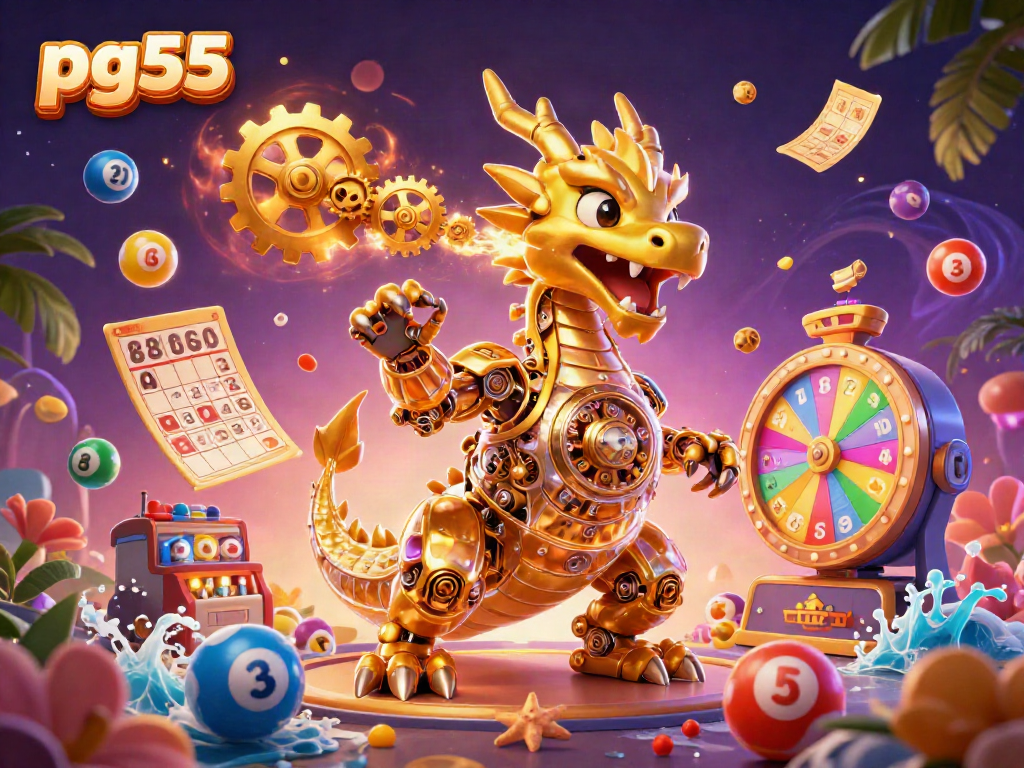 Experience the excitement with pg55, showcasing vibrant casino elements and the enchanting golden dragon.