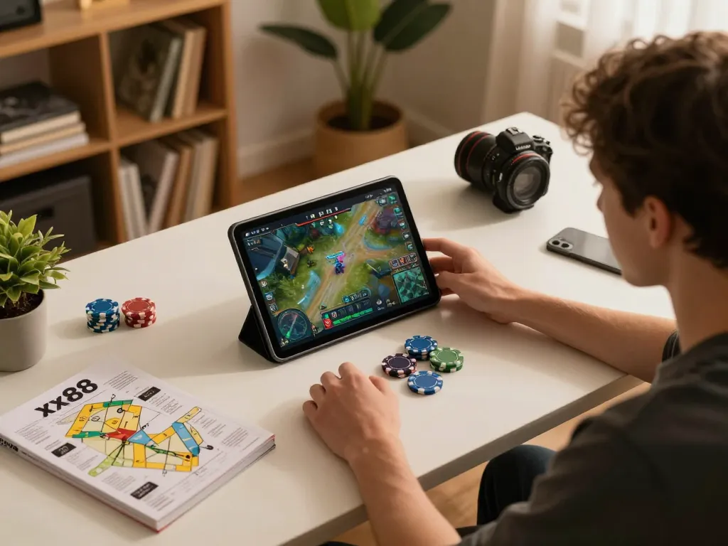 Playing game xx88 on tablet at home gaming setup with strategy notes and chips.