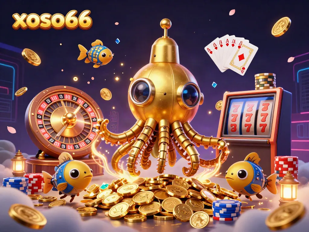 Engage in thrilling games at xoso66 with a dynamic 3D scene showcasing a golden kraken submarine and vibrant casino elements.