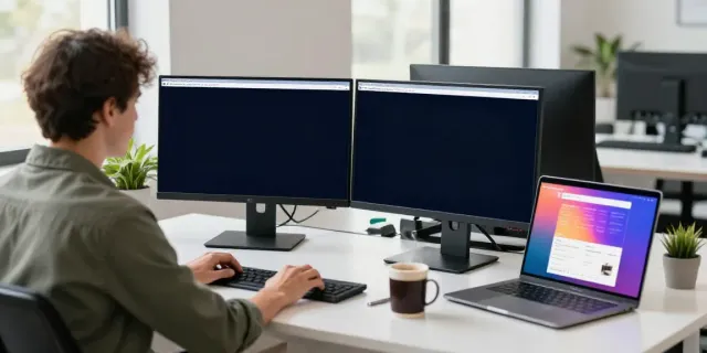Hosting services focused workspace with developer managing WordPress setup on dual monitors.
