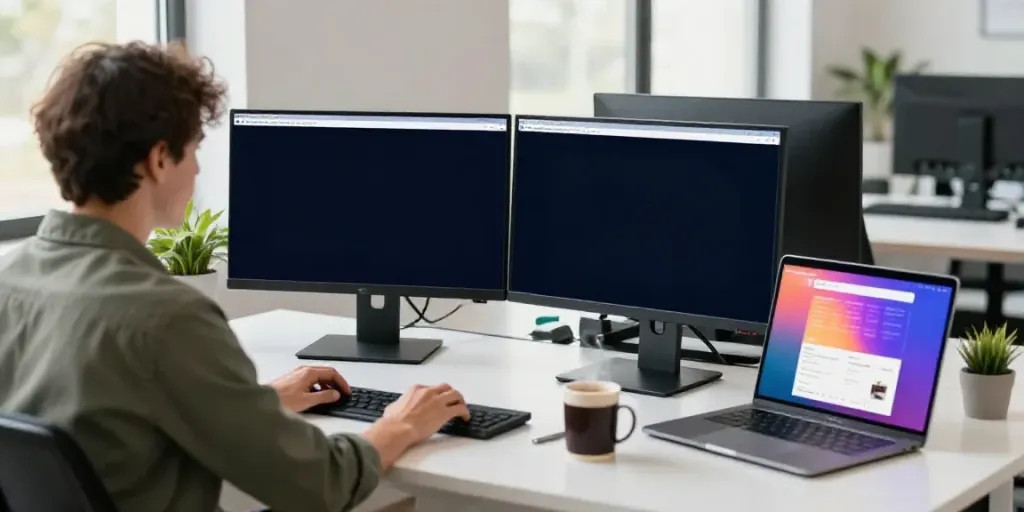 Hosting services focused workspace with developer managing WordPress setup on dual monitors.