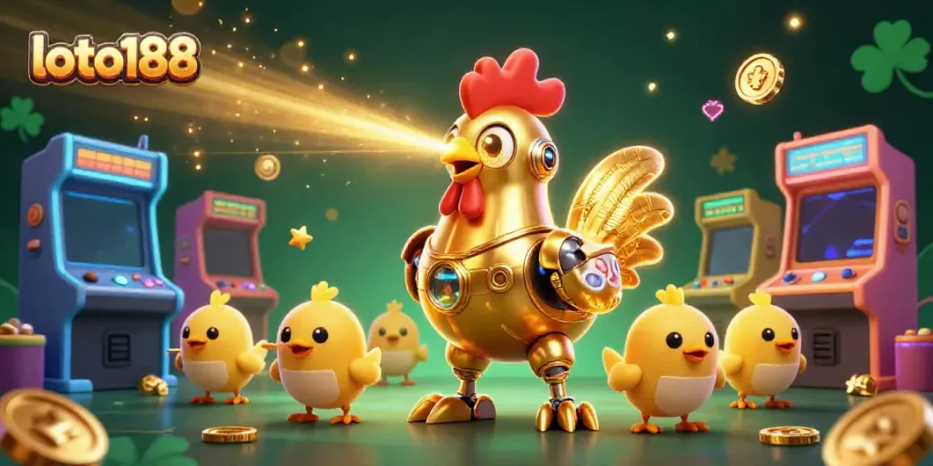 Experience the excitement of loto188 with a golden rooster robot and baby chick drones in a vibrant casino scene.