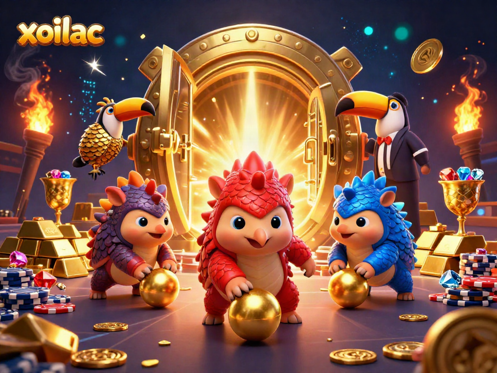 Xoilac pangolins compete in a vibrant casino scene with golden treasures and poker chips.