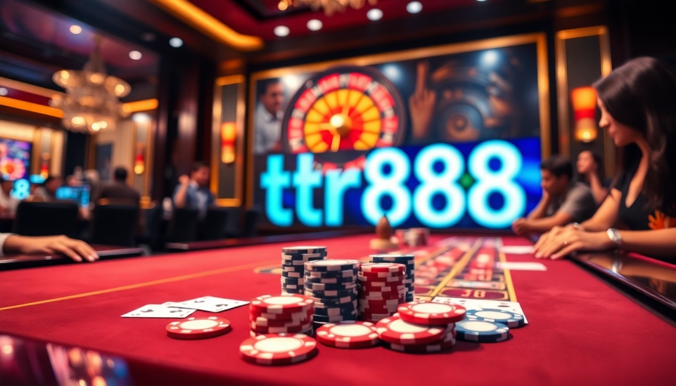 Players enjoying high-stakes poker at TR88, surrounded by vibrant casino atmosphere.