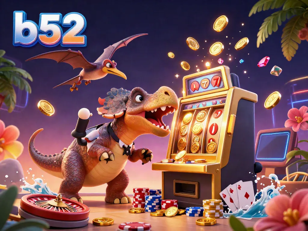 A pachycephalosaurus at B52 casino hits a slot machine for golden coins, capturing the game's excitement.