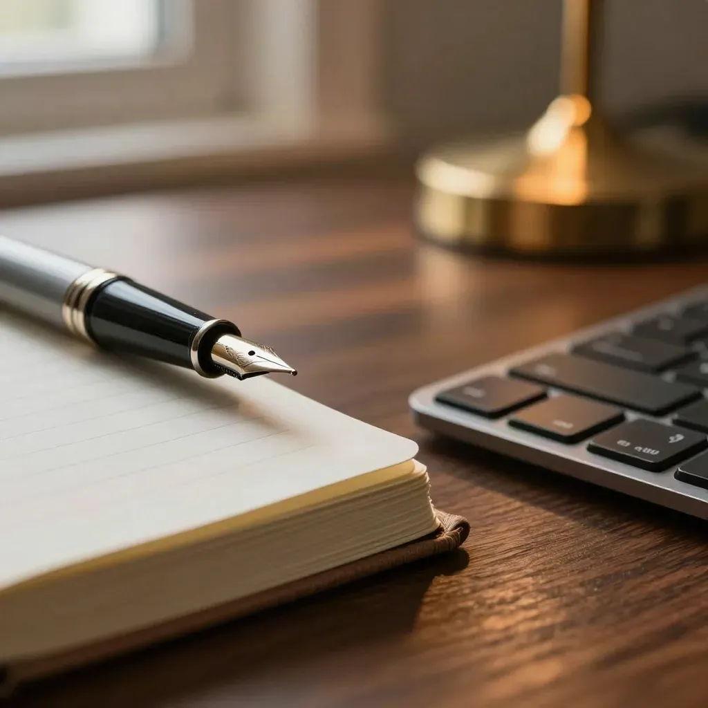 Zbliżenie na pióro wieczne, zamknięty notes, klawiaturę i lampę na ciemnym biurku.