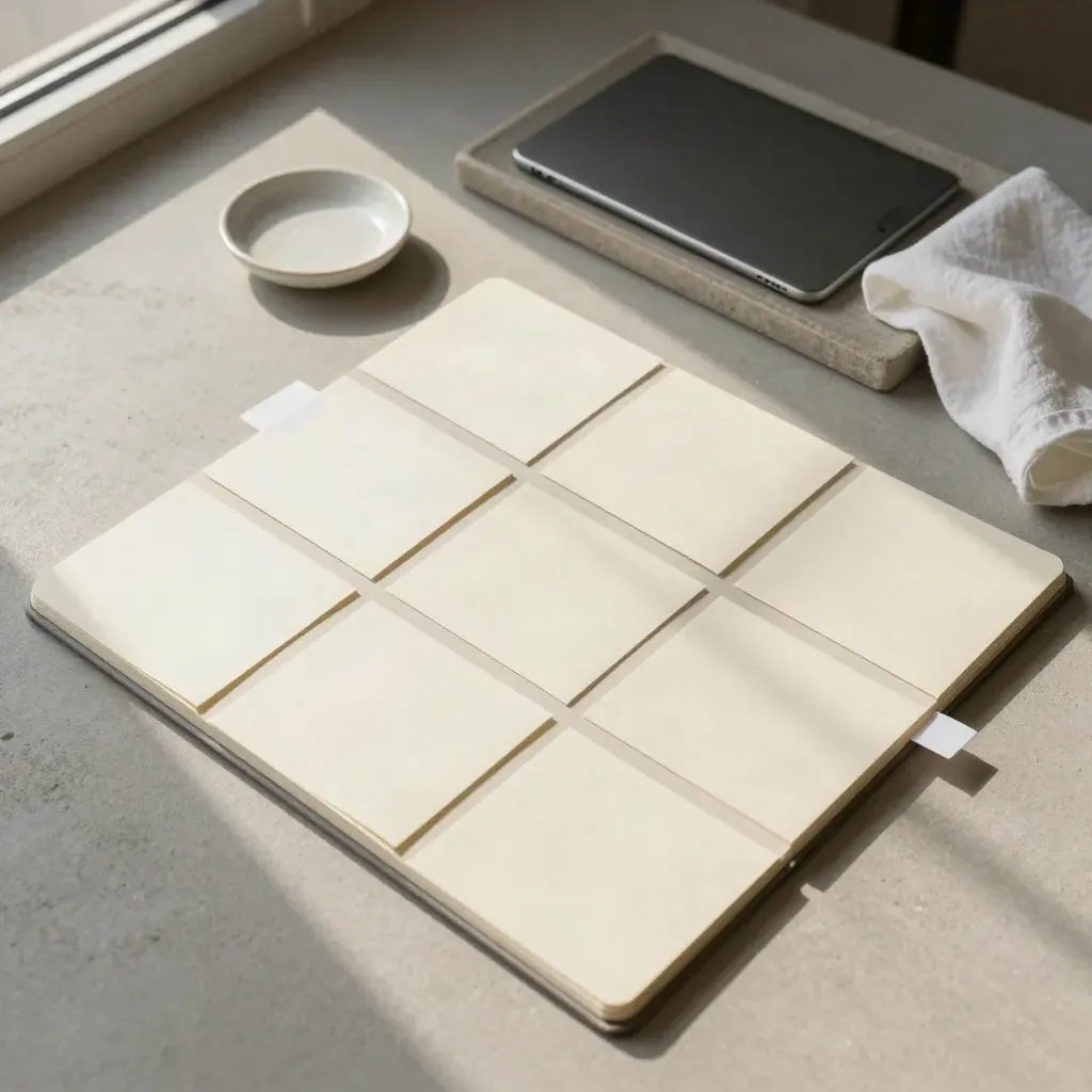 Widok z góry: notatnik, karty treści, zakładki i tablet na kamiennej tacy.