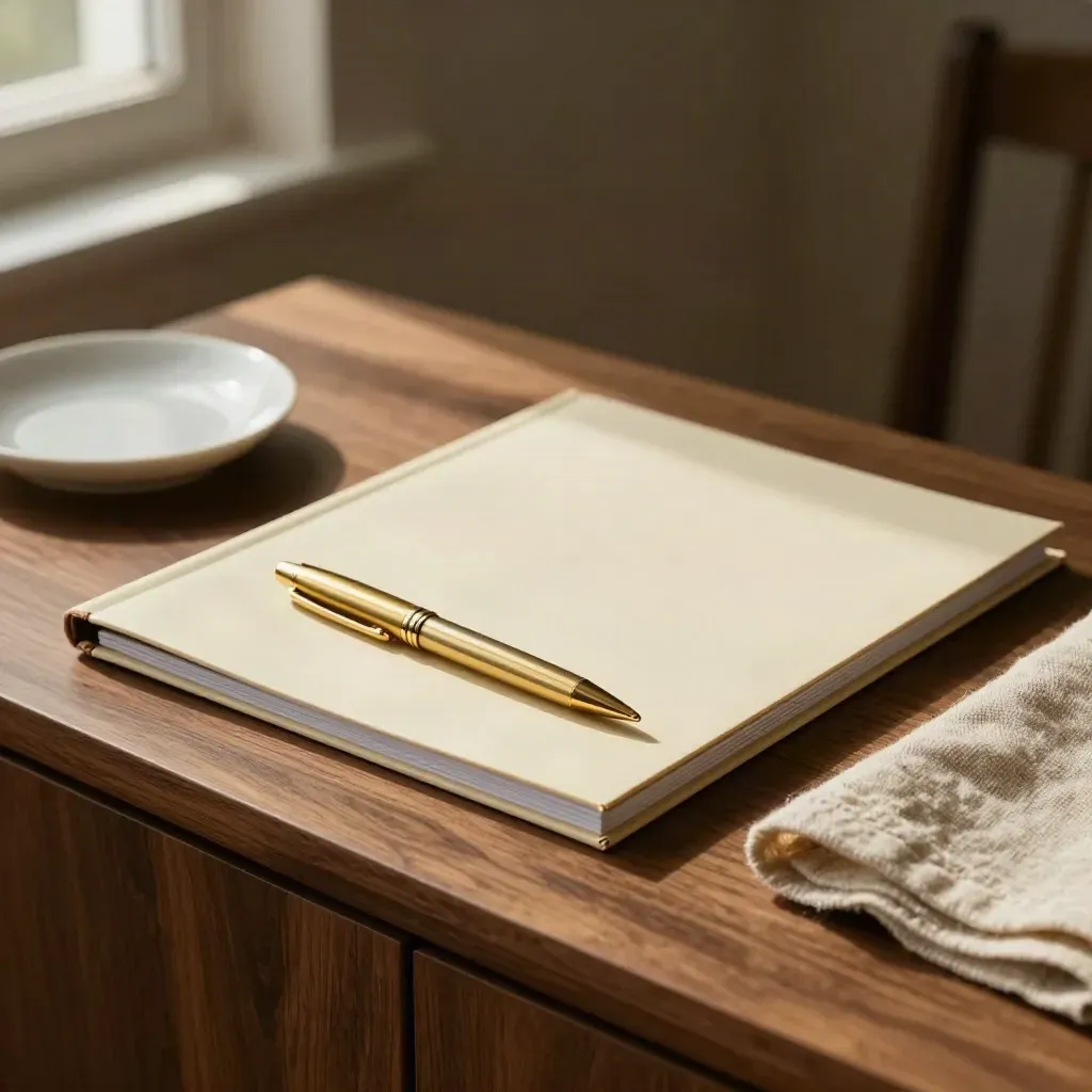 Folder ofertowy, mosiężne pióro, lniana tkanina i ceramiczna miseczka na dębowym blacie.