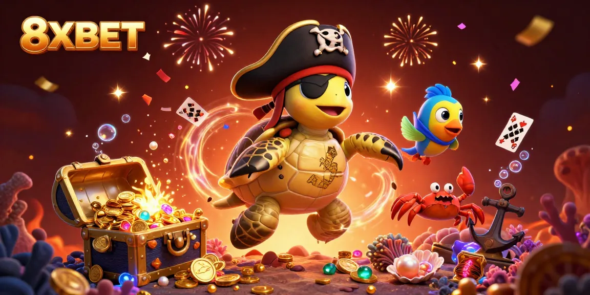 Experience thrilling gameplay at 8XBET with animated cartoon sea creatures and treasures.
