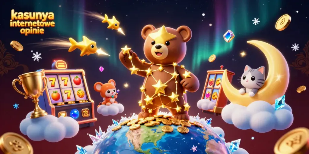 Engage with kasyna internetowe opinie through dynamic 3D casino elements featuring a constellation bear and coins falling from the sky.
