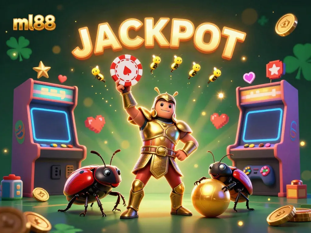 Experience the thrills at ml88 with cartoon characters celebrating a jackpot amidst vibrant casino elements.