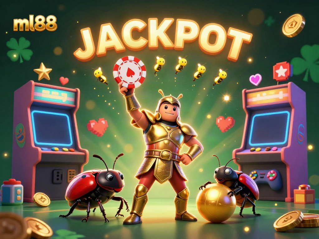 Experience the thrills at ml88 with cartoon characters celebrating a jackpot amidst vibrant casino elements.