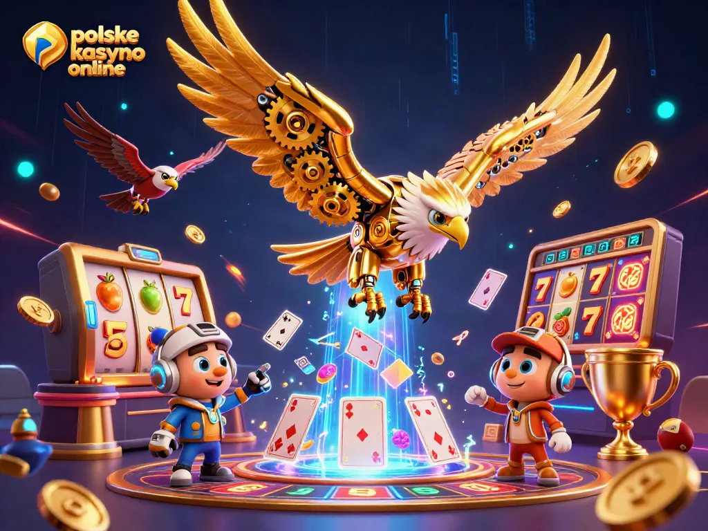 Engage at polskie kasyno online with a thrilling scene featuring a dynamic golden eagle soaring through holographic cards surrounded by vibrant gaming elements.