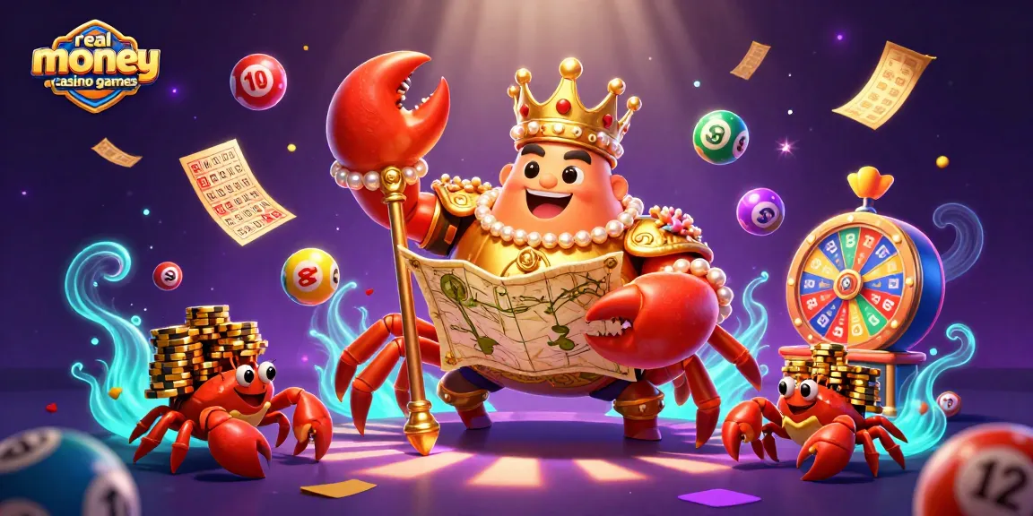 Engage in real money casino games with a vibrant scene featuring a golden crab emperor, lottery elements, and marine-themed effects.