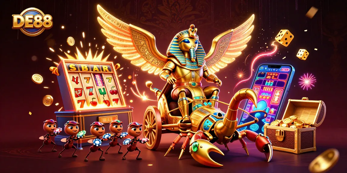 Experience the thrill of DE88 with a vibrant casino-themed illustration featuring rich characters and game elements.