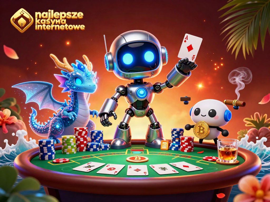 Engaging scene of najlepsze kasyna internetowe with a cyberpunk robot and poker elements.
