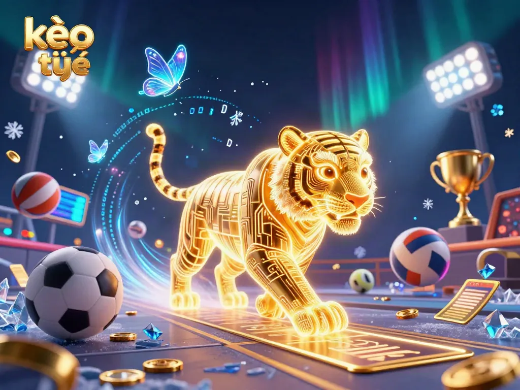 Engage with kèo trực tuyến through a dynamic scene featuring a neon-wireframe golden tiger in a digital casino